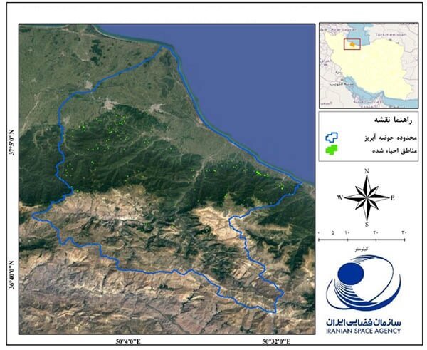 نقشه مناطق احیاء شده عرصه‌های جنگلی حوضه آبریز لاهیجان-چابکسر
